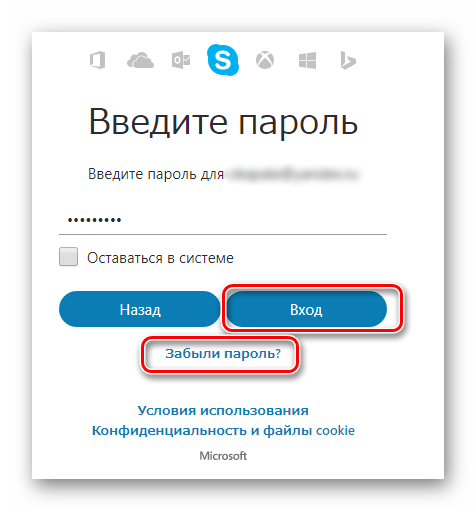 Ввод пароля для Skype