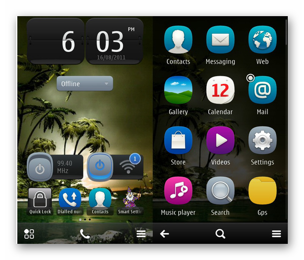 Рабочий стол и главное меню приложений Symbian OS