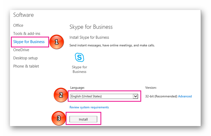 Выбор языка и скачивание Skype for Business - Office 365